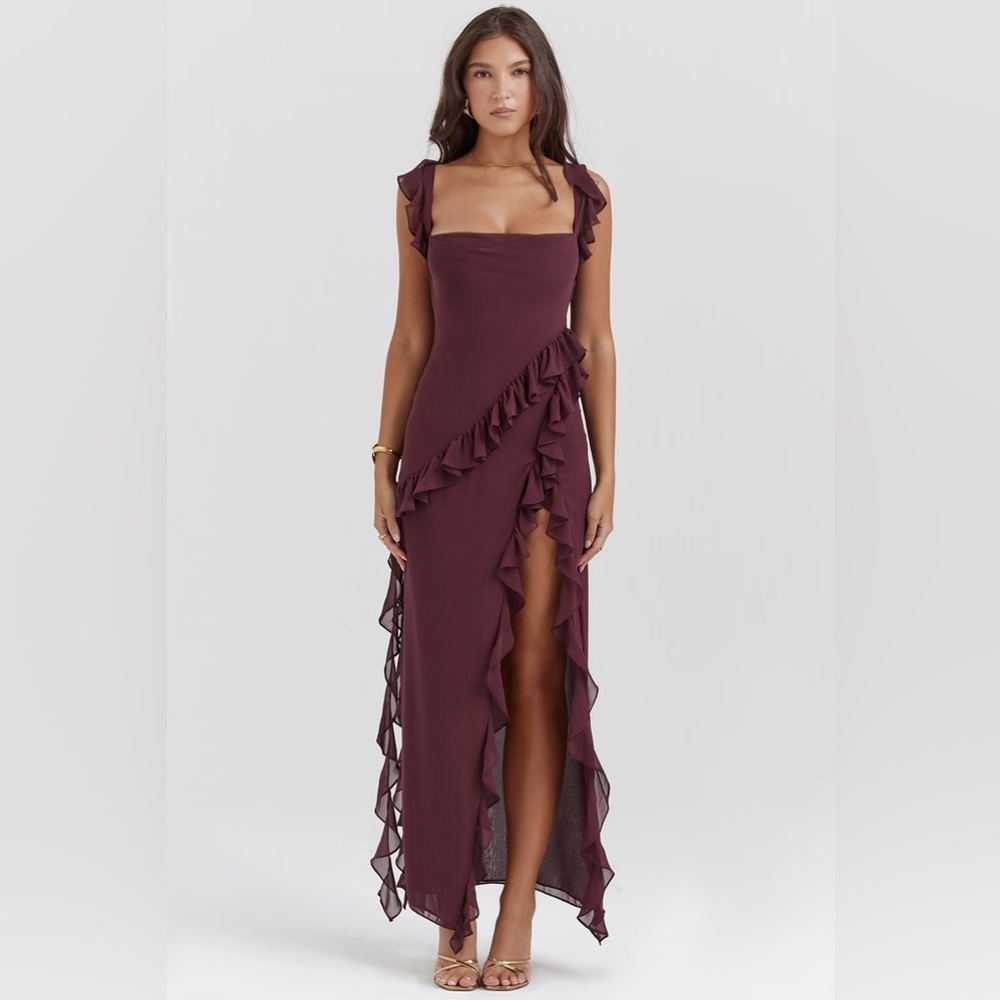 HOUSE OF CB 'Ariela' Mulberry Ruffle Maxi Dress NWOT